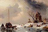 Charles Henri Joseph Leickert Canvas Paintings - Figures Loading A Horse-Drawn Cart On The Ice